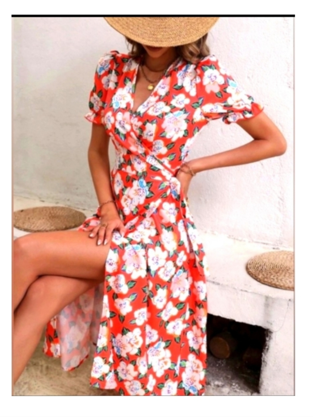 💥SALE💥 Romantic Orange Wrap Dress Floral Fluffy Sleeves Cross V Neck Sz L - Picture 1 of 10